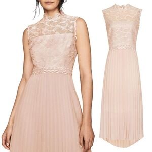 Reiss Sleeveless Scalloped Lace Mock Neck Pleated Chiffon Midi Dress Nude - 10